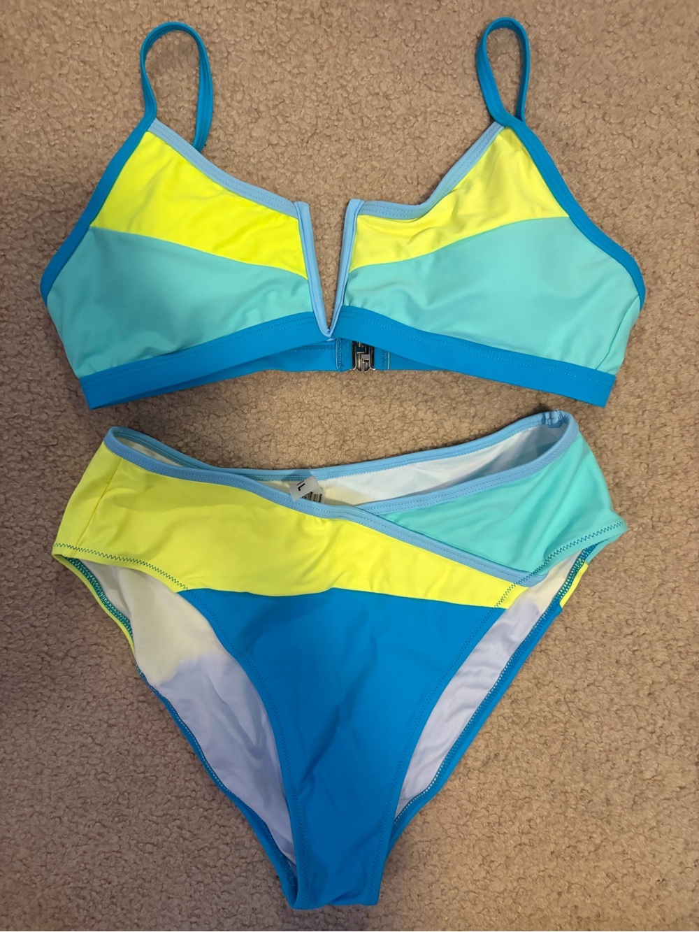 Women’s Colorblock Bikini Set in Aqua, Teal & Neon Yellow NWT